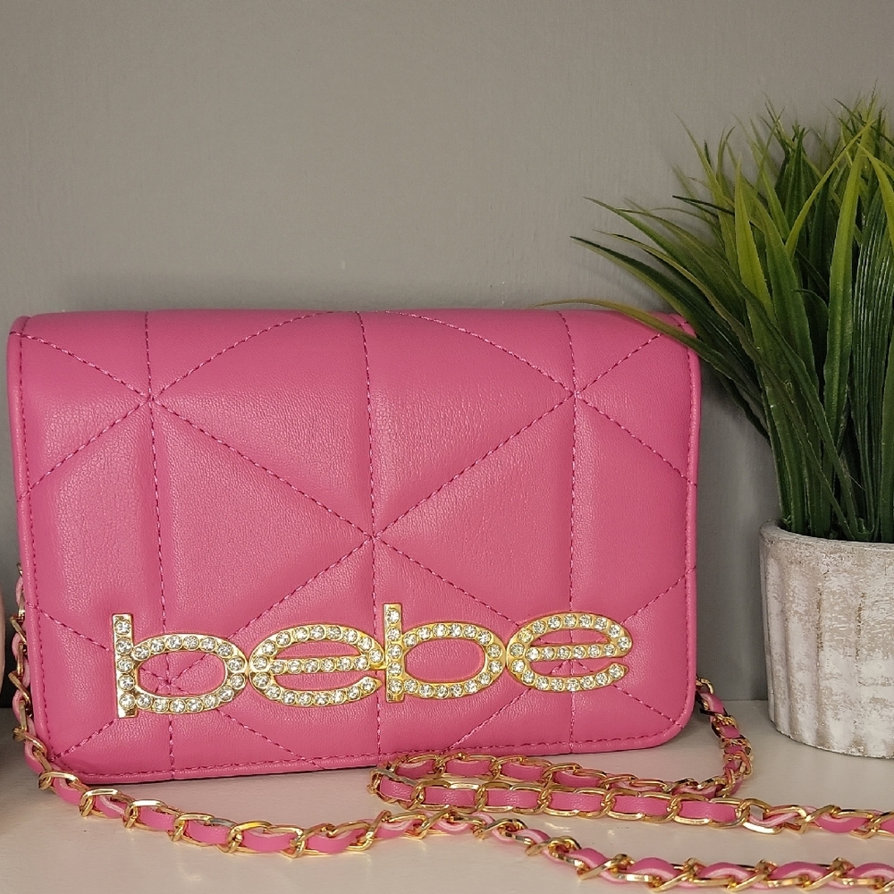 Bebe Pink Gold Rhinestone Quilted Crossbody Bag with Chain Strap